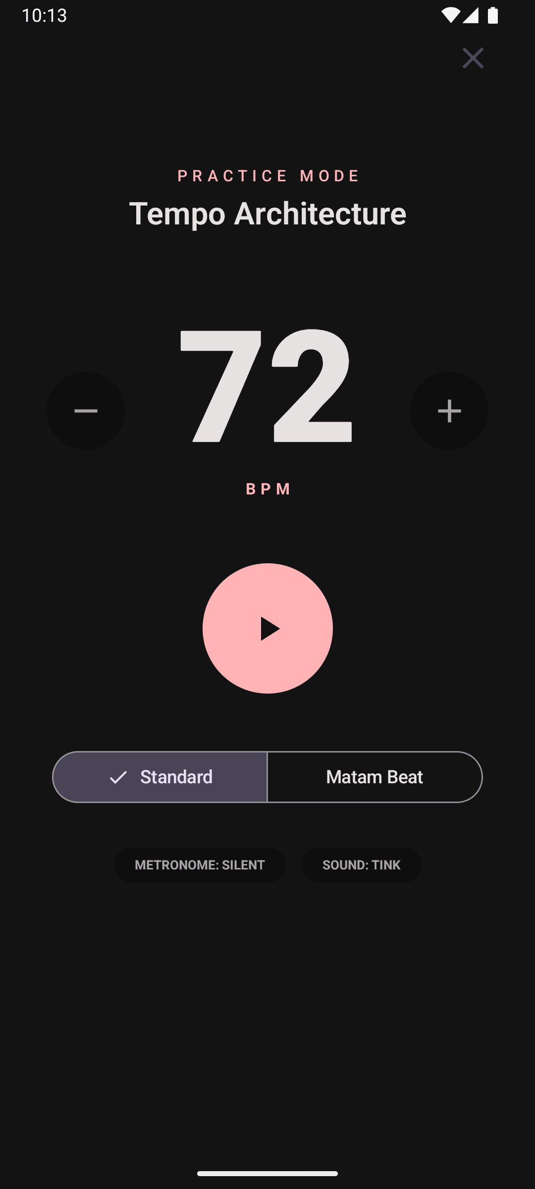 Practice mode with a matam-beat metronome and BPM control
